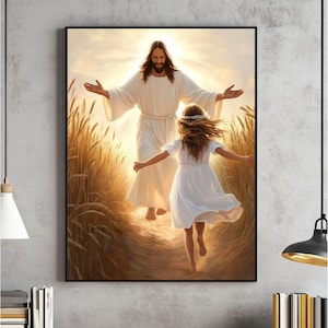 May include: A framed print shows a figure in white robes with open arms, greeting a young girl in a white dress. The background features golden wheat fields and bright light, creating a sense of warmth and peace.