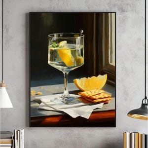 Martini And Cheese Crackers Wall Art, Cute Quirky Whimsical Prints, Cocktail Art Bar Cart Decor, Elegant Oil Painting, Trendy Kitchen Poster