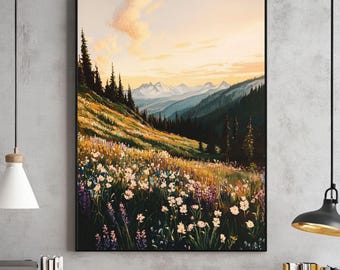 Wilde bloemen kunst aan de muur, trendy kunstprints, natuurprints, bos kunst aan de muur, wilde bloemen kunst, kunst aan de muur berglandschap, digitale print