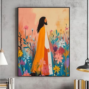 Arte cristiano moderno de Jesús y las flores silvestres, arte mural con versículos bíblicos, póster imprimible, acuarela, descarga digital, impresiones coloridas