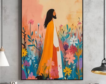 Jesus & die Wildblumen Moderne christliche Kunst, Bibel-Vers-Wandkunst, druckbares Poster, Aquarellmalerei, digitaler Download, bunte Drucke
