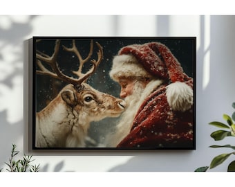 Vintage Santa Reindeer Print, Rustic Holiday Wall Art (Digital Download)