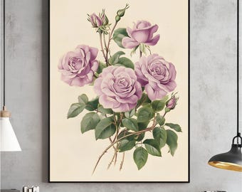 Antique Rose Printable Wall Art, Vintage Floral Print, Pink Flower Sketch, Botanical Farmhouse Décor, Spring French Country Digital Art