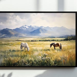 Rustic Landscape Wild Horses In Field Wall Art, Large Modern Western, American Country Digital Art | Vintage Horse Print | DOWNLOAD File