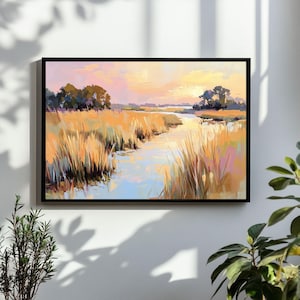 Sunset Marsh Landscape Painting | Carolina Green Lowcountry Coastal Watercolor Wall Art Print | Pastel Beach Printable Digital Download