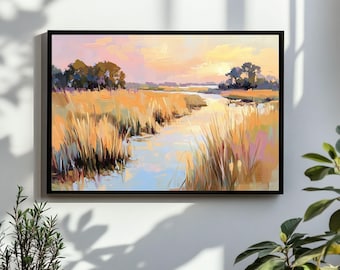 Zonsondergang moeraslandschap schilderij | Carolina-groene laagland kust aquarel kunst aan de muur print | Afdrukbare digitale download in pastelkleurige strand