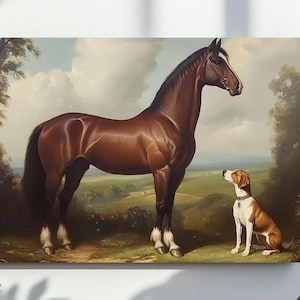 Equestrian Horse and Dog Artwork, Vintage Farm Animal Printable, Horse Wall Art Print, Vintage Horse and Dog Digital, Gifts & Pet Decor