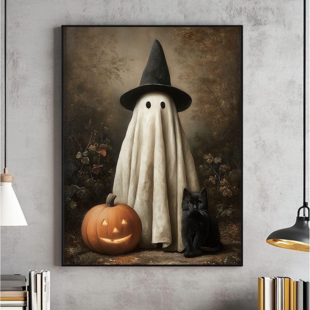 Cute Ghost & Black Cat in Dark Fall Forest Wall Art, Vintage Halloween ...