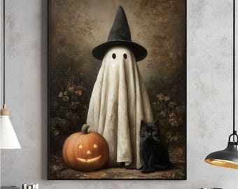 Arte mural con un fantasma y un gato negro en un bosque otoñal oscuro, póster vintage de Halloween, impresión digital de Halloween espeluznante, descarga digital de brujas melancólicas.