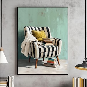 Peut inclure: Peinture encadrée d'un fauteuil à rayures avec un coussin jaune et une couverture blanche. Plusieurs livres sont empilés sur la chaise et au sol. Le fond est de couleur sarcelle sourde.
