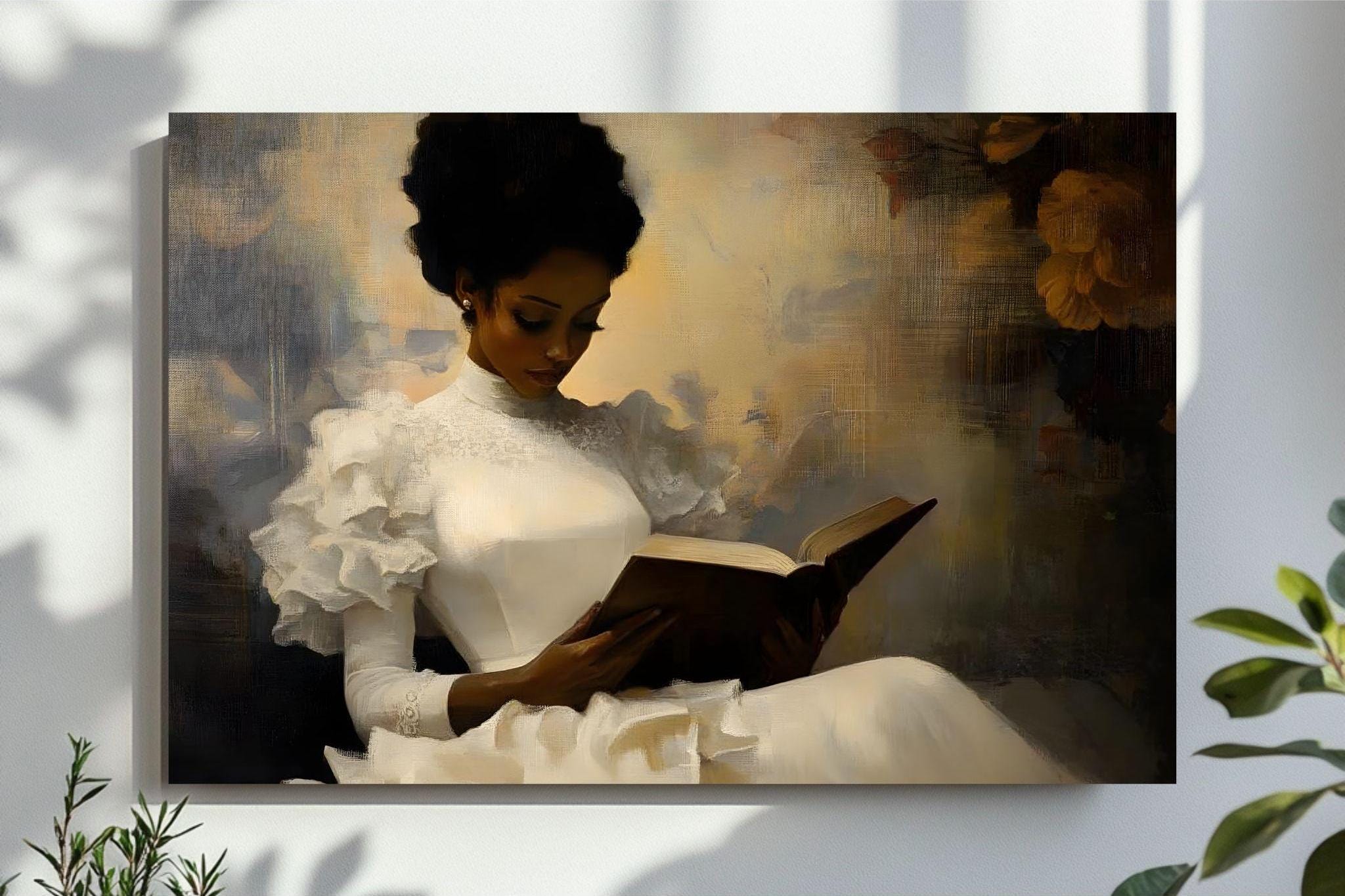 Vintage Female Portrait Reading a Book Wall Art, Vintage Oil Painting ,Printable Art, Black Art, Digital File