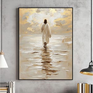 Jesus Christ Walking on Water Wall Art, Christian Art, Digital Jesus Portrait, I Will Walk With Christ LDS, Jesus Oil Painting, Bible Verse