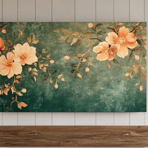 Flower Painting Frame TV Art, Antique Dark Green Peach Wildflower Screensaver, Earthy Organic Floral Vintage Botanical Summer Decor