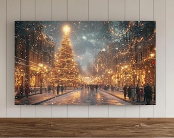 Neutral Christmas Frame TV Art, Gold Xmas Tree Festive Town Samsung Background, Snowy City, Winter Holiday Samsung Digital Download