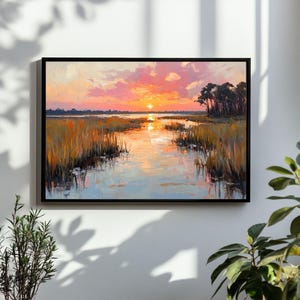 Sunset Marsh Landscape Painting | Carolina Green Lowcountry Coastal Watercolor Wall Art Print | Pastel Beach Printable Digital Download