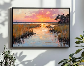 Zonsondergang moeraslandschap schilderij | Carolina-groene laagland kust aquarel kunst aan de muur print | Afdrukbare digitale download in pastelkleurige strand