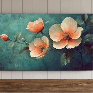 Flower Painting Frame TV Art, Antique Dark Green Peach Wildflower Screensaver, Earthy Organic Floral Vintage Botanical Summer Decor