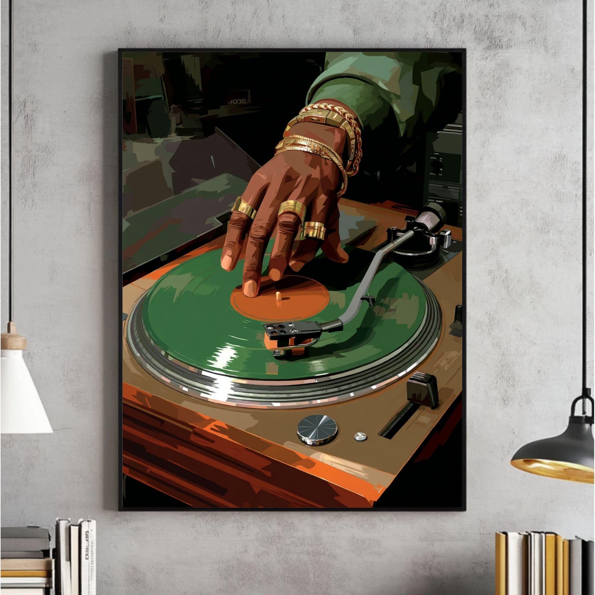 Vinyl Record Music Wall Art, Black Man DJ Art Painting, Turntable