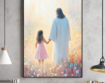 Väggkonst för flicka som går med Jesus | Bibelkonst för Jesus Kristus som går | Kristen digital nedladdning | Utskrivbar heminredning