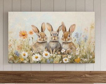 Bunnies in Wildflower Field TV Frame Art Spring Bunny Rabbits Decor Vintage Easter TV Frame Farmhouse Decor Vintage Bunny Painting Nursery