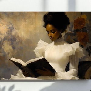 Vintage Female Portrait Reading a Book Wall Art, Vintage Oil Painting ,Printable Art, Black Art, Digital File