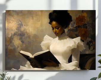 Vintage Female Portrait Reading a Book Wall Art, Vintage Oil Painting ,Printable Art, Black Art, Digital File
