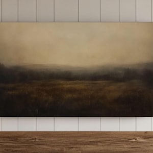 May include: A painting of a misty landscape with a field in the foreground and a line of trees in the distance. The sky is a muted brown color, and the field is a dark brown color.