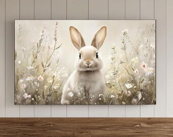 Cuadro de pared para TV con marco de conejo de Pascua, cuadro de conejo de primavera, primavera vintage, fondo de pantalla Samsung para guardería, protector de pantalla de Pascua, decoración de último momento