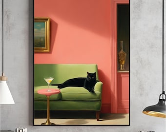 Decorazione murale con gatto nero e Martini, stampa di cocktail stravaganti, decorazione per carrello bar, poster di gatti alla moda, download digitale di cocktail stravaganti