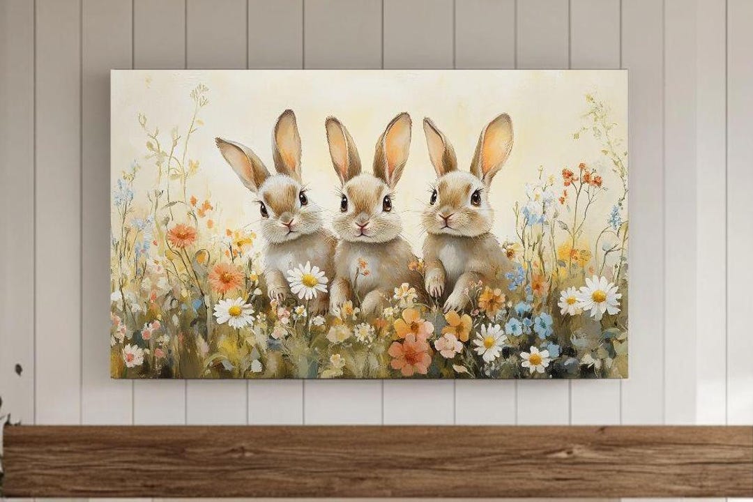 Pruning Frame Rabbit Bunnies in Wildflower Field TV Frame Art Spring Bunny Rabbits Decor ...