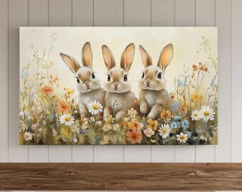 Bunnies in Wildflower Field TV Frame Art Spring Bunny Rabbits Decor Vintage Easter TV Frame Farmhouse Decor Vintage Bunny Painting Nursery