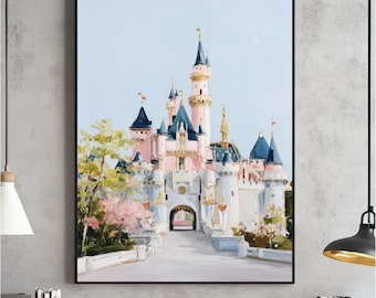 Soft Pastel Magic Castle Wall Art, Girly Kingdom Print, Bright Girl's Room Princess Painting, Pink Blue Nursery Printable, Castle Poster