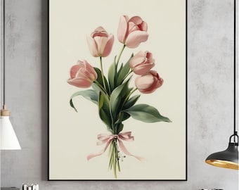 Coquette Tulips Bouquet Room Wall Art, Pink Girly Aesthetic Poster, Y2k Cute Girly Decor, Digital Instant Download, Blush Pink Bow Painting
