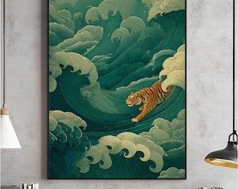 Japanese Tiger Ukiyo-e Print, Swimming Tiger Wall Art (Digital Download)