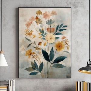 Vintage Botanical Painting Wall Art, Earth Tone Floral Print, Printable Boho Cottagecore Decor, Digital Watercolor, Maximalist Eclectic