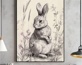 Easter Bunny Sketch Printable, Spring Farmhouse Wall Art, Vintage Drawing Gallery Print, Rabbit Art, Easter Decor, Digital Download