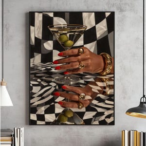 Retro Martini Wall Art, Black Girl Bar Cart Painting, Black fashion Poster, Black Woman Digital, Cool Apartment File, Trendy Cocktail
