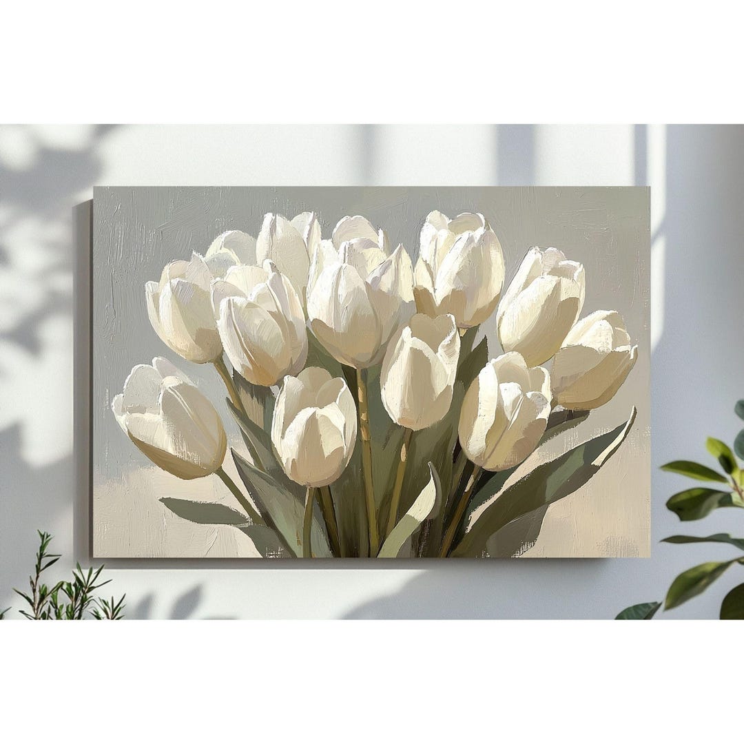 White Tulips Oil Painting Wall Art, Nursery PRINTABLE, Flowers Kitchen ...