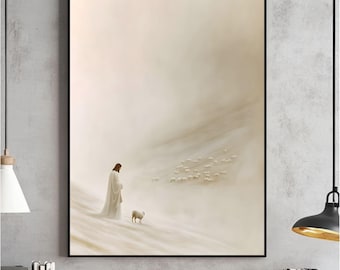 Faithful Shepherd Wall Art, Jesus Leaves The 99 DIGITAL DOWNLOAD, Minimalist Neutral Painting,Modern Bible Printable Art,Christian Faith