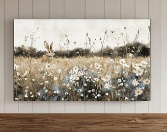 Rabbit Frame TV Wall Art, Vintage Style Wildflower Field, Spring Floral Samsung Wallpaper, Easter Bunny Screensaver, Digital Download