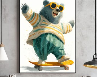 Retro skateboardbjörntryck, barnrumsdekor (digital nedladdning)