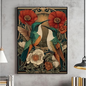 Scandinavian HummingBird Wall Art, Hummingbird Folk Art Painting, Nature Folk Print, Scandinavian Decor, Farmhouse Artwork, Digital Download