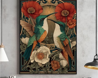 Scandinavian HummingBird Wall Art, Hummingbird Folk Art Painting, Nature Folk Print, Scandinavian Decor, Farmhouse Artwork, Digital Download