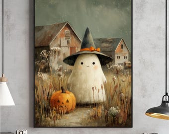 Puede incluir: Impresión enmarcada con temática de Halloween que presenta un fantasma amigable con un sombrero de bruja con un lazo naranja, junto a una calabaza tallada. El fondo muestra graneros rústicos y hierba alta.