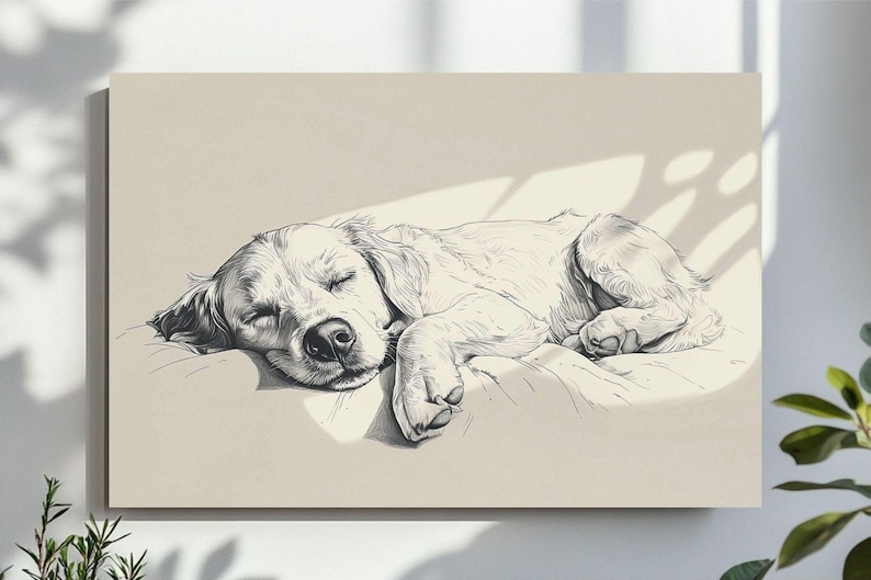 May include: A monochrome sketch of a sleeping golden retriever dog on a light beige surface. The dog is curled up, with its eyes closed and paws tucked in. The artwork is displayed on a canvas.