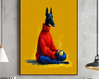 Greyhound Coffee Art Print, Dog in Sweater, Whimsical Animal Poster (Digital Download)