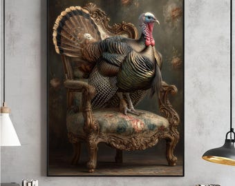 May include: A framed artwork featuring a regal turkey perched on an ornate, antique chair. The turkey has iridescent feathers and a red wattle. The chair is upholstered with a floral pattern, and the background is a muted, vintage-style scene.