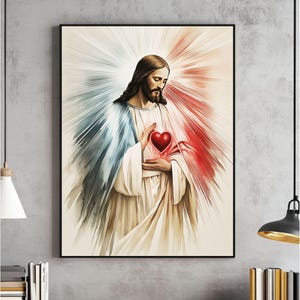 De goddelijke barmhartigheid van Jezus muurkunst, christelijke print, moderne christelijke kunst, heilig hart, op geloof gebaseerd decor, aquarel afdrukbare, katholiek
