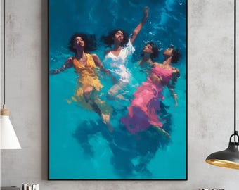 African American Digital Wall Art, Black Woman Swimming Poster, Black Art Prints, Black Artists, Beach, Instant Download