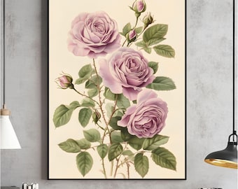 Antique Rose Printable Wall Art, Vintage Floral Print, Pink Flower Sketch, Botanical Farmhouse Décor, Spring French Country Digital Art